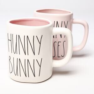 Pair Rae Dunn Artisan Hunny Bunny Kisses Jumbo Ceramic Coffee Mugs Pink White